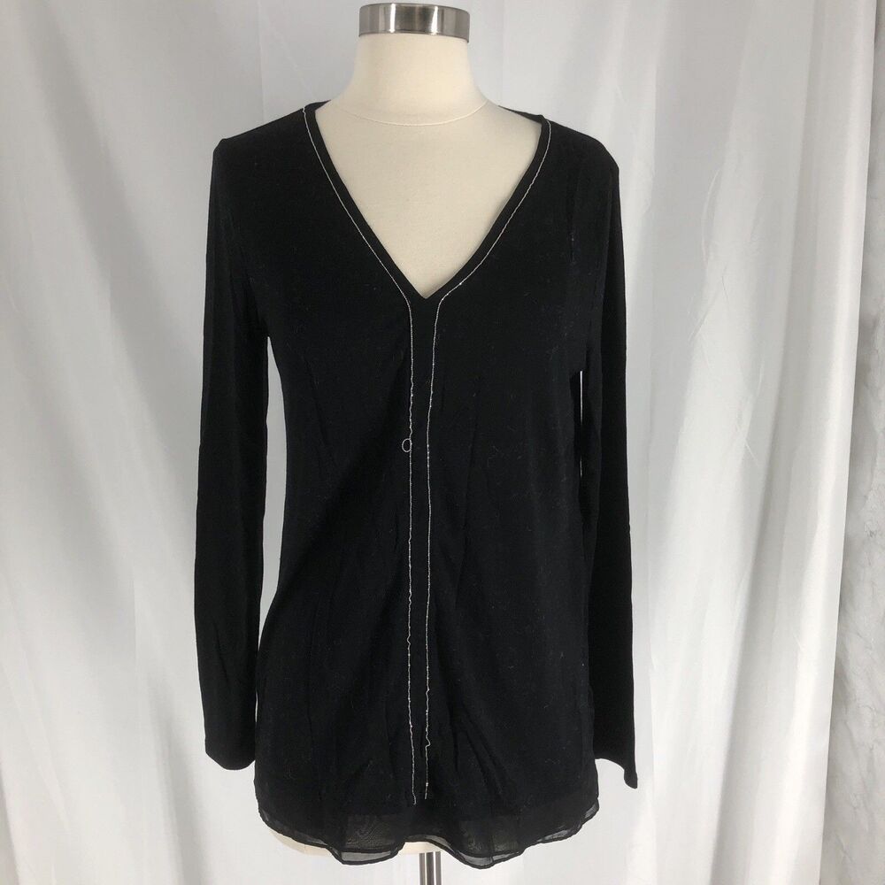 White House Black Market Black V-Neck Top Metallic Trim Long Sleeve M